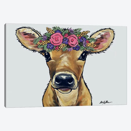 Bambi The Cow With Flowers On Gray Canvas Print #HHS276} by Hippie Hound Studios Canvas Artwork