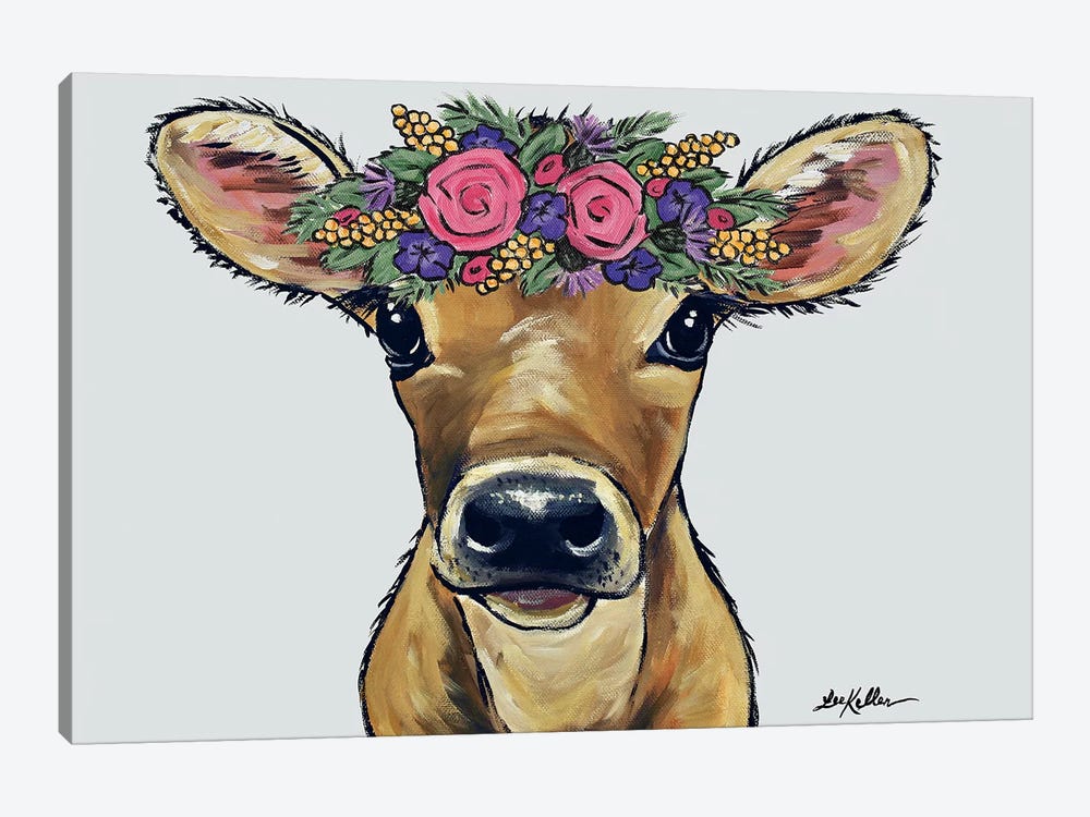 Bambi The Cow With Flowers On Gray by Hippie Hound Studios 1-piece Canvas Print