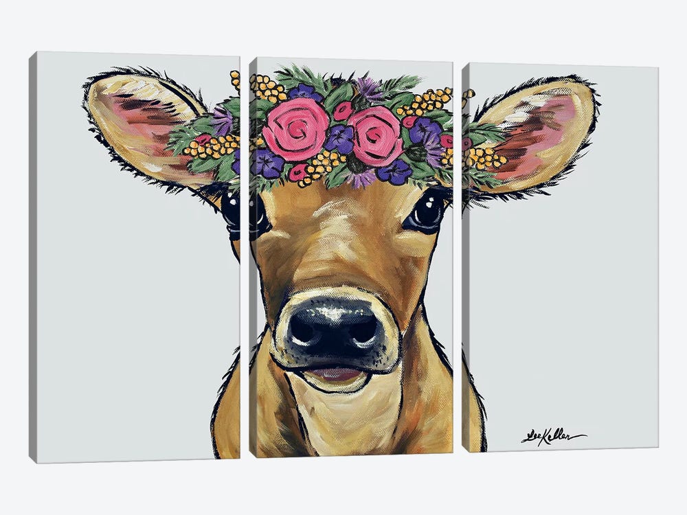 Bambi The Cow With Flowers On Gray by Hippie Hound Studios 3-piece Canvas Art Print