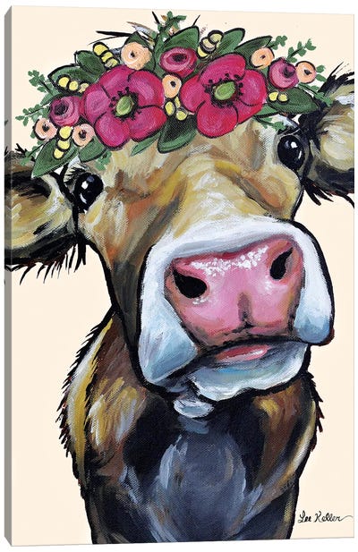 Hazel  The Cow Flower Crown On Cream Canvas Art Print - Farm Animal Art