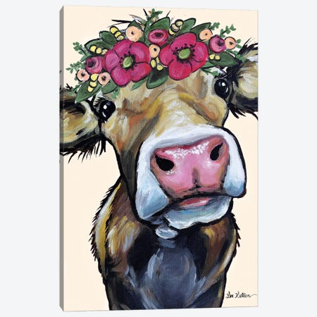 Hazel  The Cow Flower Crown On Cream Canvas Print #HHS277} by Hippie Hound Studios Canvas Art