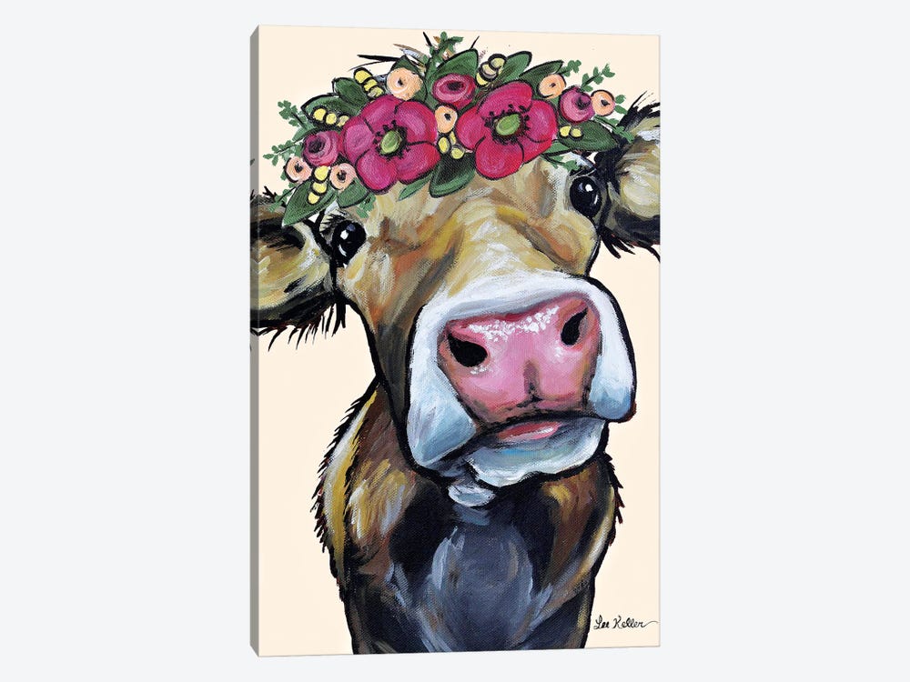 Hazel  The Cow Flower Crown On Cream by Hippie Hound Studios 1-piece Canvas Art