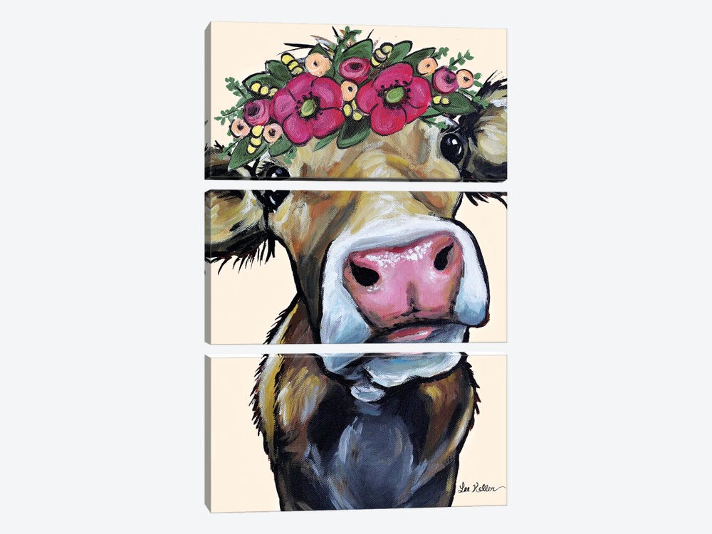 Hazel  The Cow Flower Crown On Cream by Hippie Hound Studios 3-piece Canvas Art