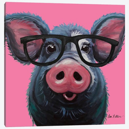 Lulu The Pig With Glasses On Pink Canvas Print #HHS298} by Hippie Hound Studios Art Print