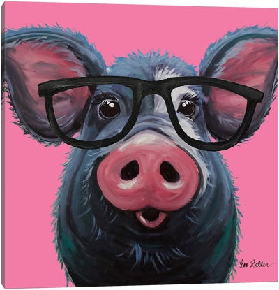 Lulu The Pig With Glasses On Pink Canvas Art Print - Hippie Hound Studios