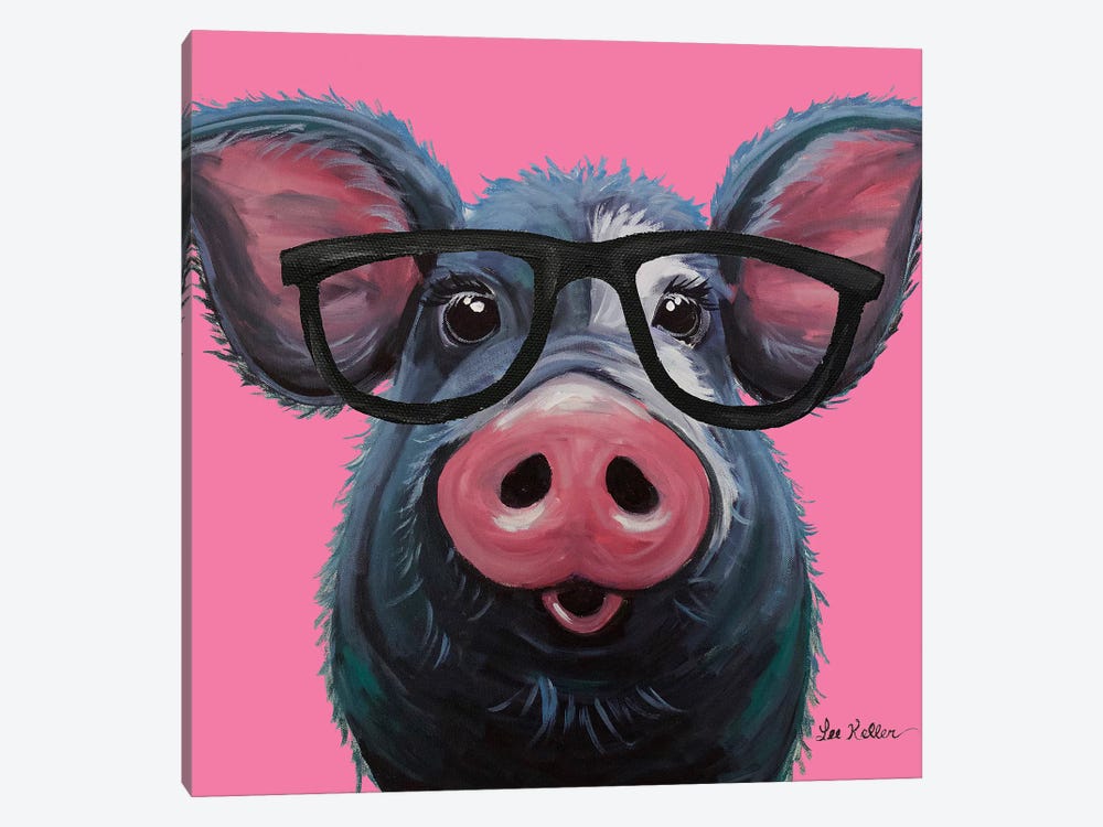 Lulu The Pig With Glasses On Pink by Hippie Hound Studios 1-piece Canvas Print