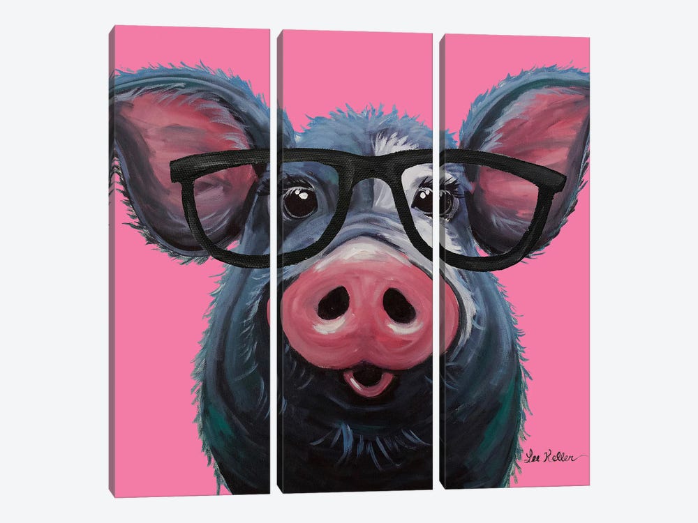 Lulu The Pig With Glasses On Pink by Hippie Hound Studios 3-piece Art Print