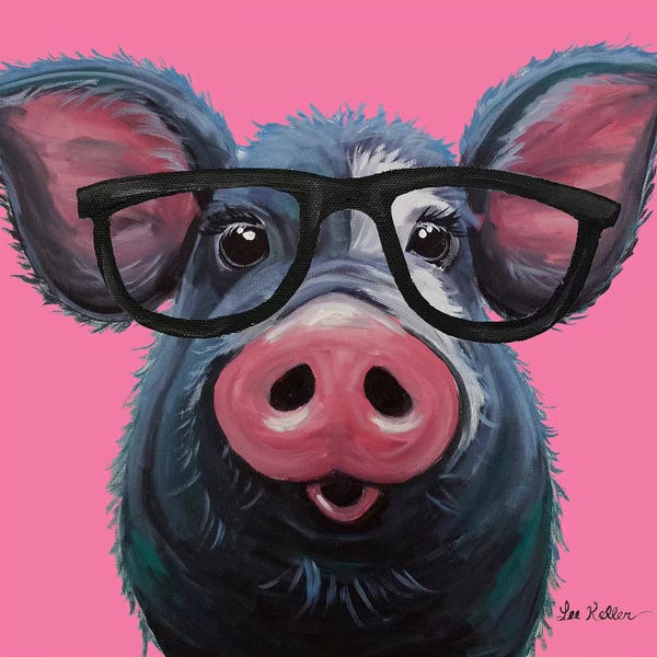 Pigs: Lulu The Pig With Glasses On Pink by Hippie Hound Studios