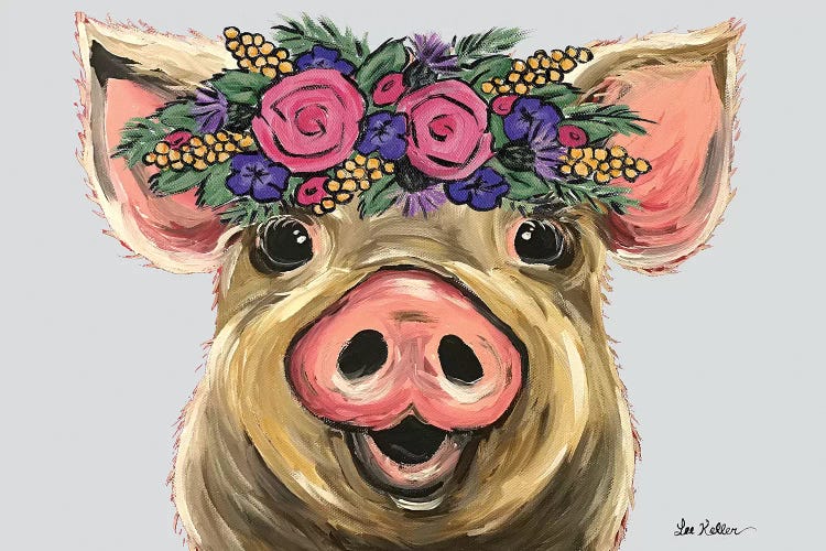 Posey The Pig With Flowers On Gray