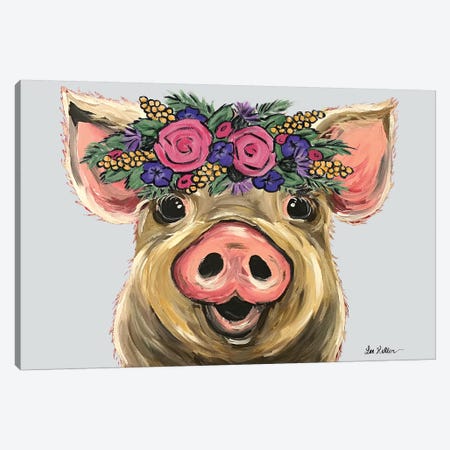 Posey The Pig With Flowers On Gray Canvas Print #HHS299} by Hippie Hound Studios Canvas Art Print