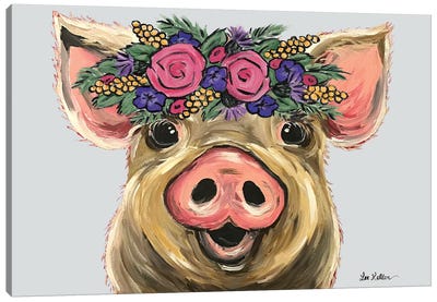 Posey The Pig With Flowers On Gray Canvas Art Print - Hippie Hound Studios