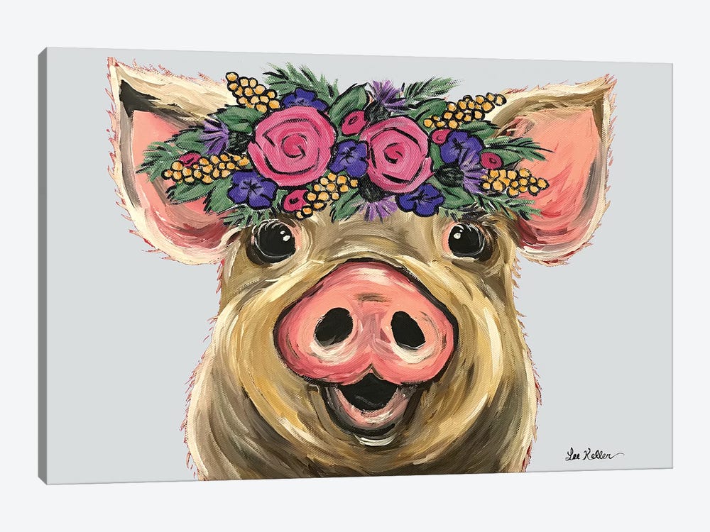 Posey The Pig With Flowers On Gray by Hippie Hound Studios 1-piece Canvas Wall Art