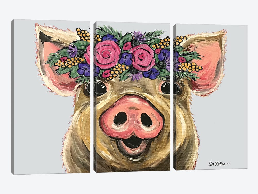 Posey The Pig With Flowers On Gray by Hippie Hound Studios 3-piece Canvas Artwork