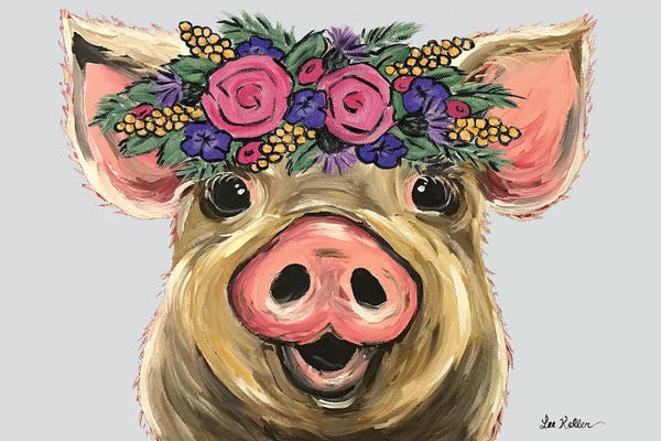 Pigs: Posey The Pig With Flowers On Gray by Hippie Hound Studios
