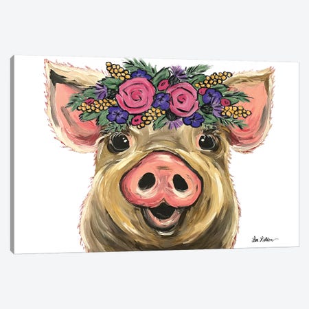 Posey The Pig With Flowers On White Canvas Print #HHS300} by Hippie Hound Studios Canvas Art Print