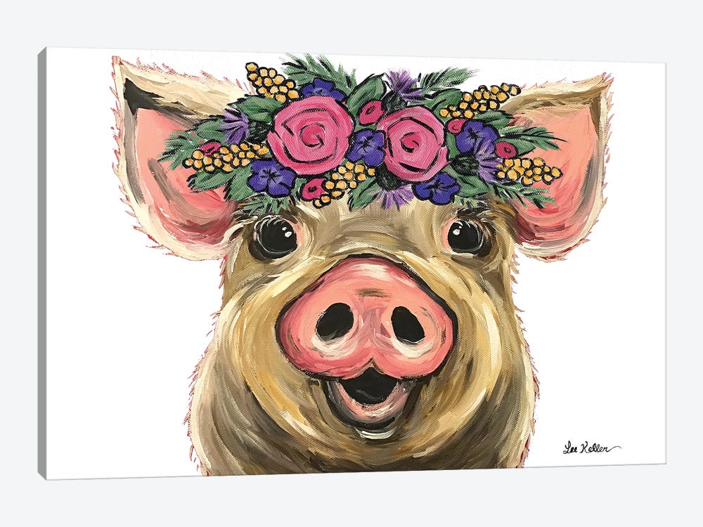 Posey The Pig With Flowers On White by Hippie Hound Studios 1-piece Canvas Art Print