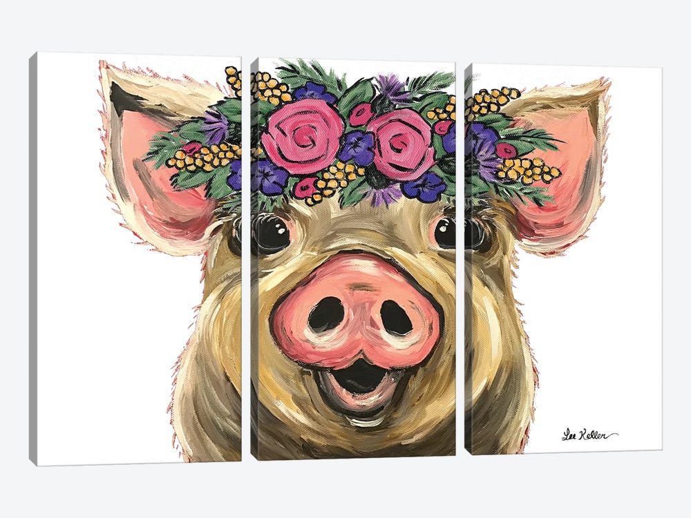 Posey The Pig With Flowers On White by Hippie Hound Studios 3-piece Art Print