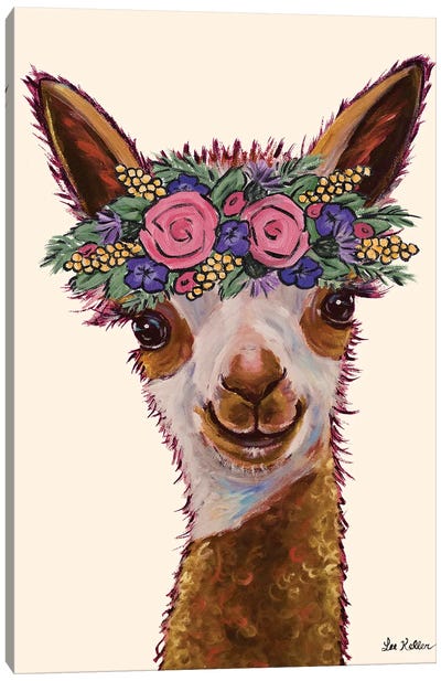 Rosie The Alpaca With Flowers Canvas Art Print - Llama & Alpaca Art