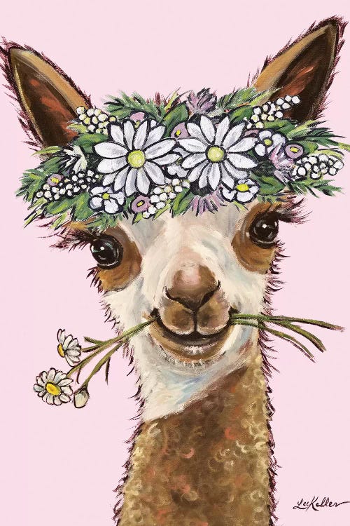 Rosie The Alpaca With Daisies On Pink