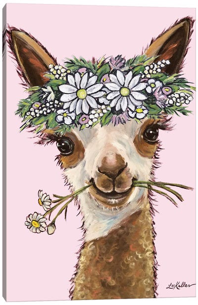 Rosie The Alpaca With Daisies On Pink Canvas Art Print - Hippie Hound Studios