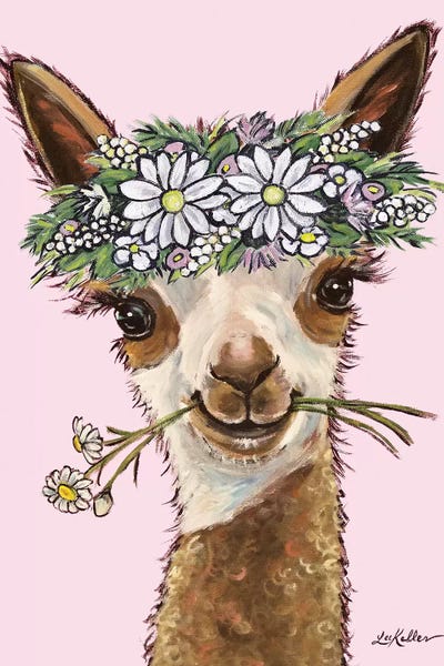 Alpacas: Rosie The Alpaca With Daisies On Pink by Hippie Hound Studios