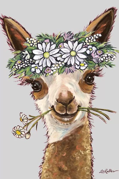 Daisies: Rosie Alpaca With Daisies On Gray by Hippie Hound Studios