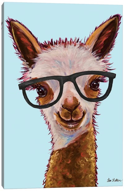 Rosie The Alpaca With Glasses On Turquoise Canvas Art Print - Llama & Alpaca Art