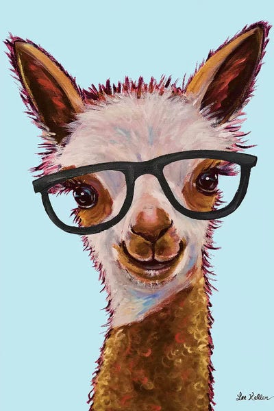 Alpacas: Rosie The Alpaca With Glasses On Turquoise by Hippie Hound Studios