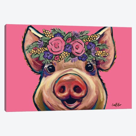 Marmalade The Pig With Flowers On Pink Canvas Print #HHS331} by Hippie Hound Studios Canvas Wall Art