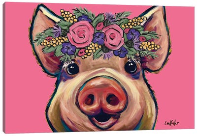 Marmalade The Pig With Flowers On Pink Canvas Art Print - Hippie Hound Studios