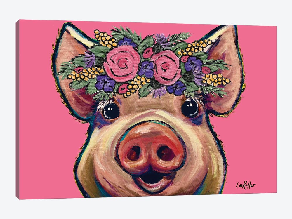 Marmalade The Pig With Flowers On Pink by Hippie Hound Studios 1-piece Canvas Print