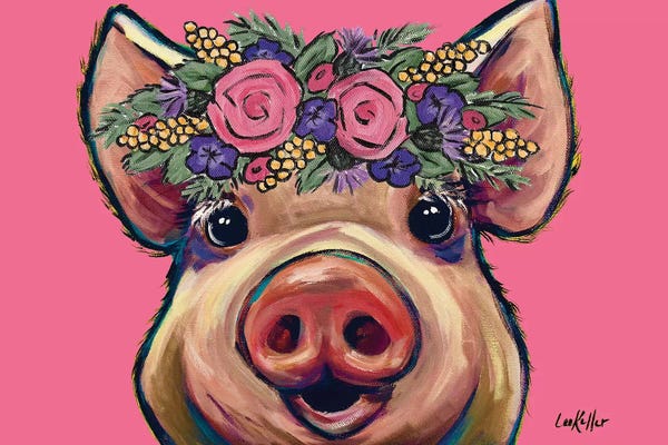 Hippie Hound Studios: Marmalade The Pig With Flowers On Pink by Hippie Hound Studios