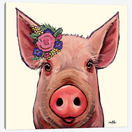 Reuben The Pig With Flowers On Cream Canvas Print #HHS334} by Hippie Hound Studios Canvas Print