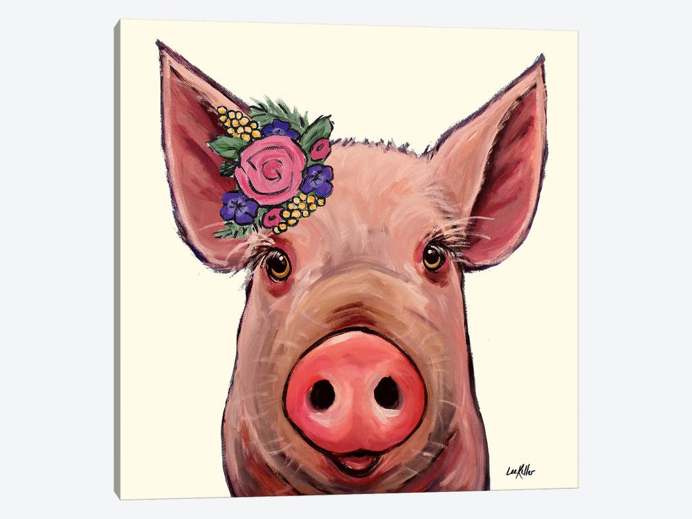 Reuben The Pig With Flowers On Cream by Hippie Hound Studios 1-piece Canvas Wall Art