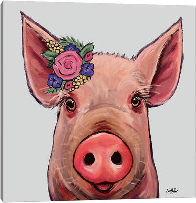 Reuben The Pig With Flowers On Gray Canvas Art Print - Pig Art