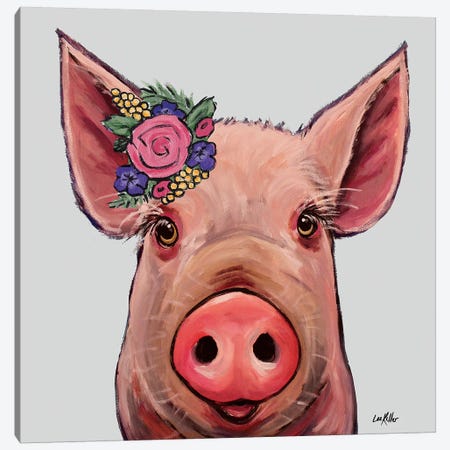 Reuben The Pig With Flowers On Gray Canvas Print #HHS335} by Hippie Hound Studios Art Print