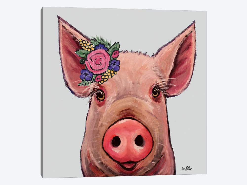 Reuben The Pig With Flowers On Gray by Hippie Hound Studios 1-piece Canvas Art Print