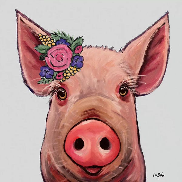 Pigs: Reuben The Pig With Flowers On Gray by Hippie Hound Studios