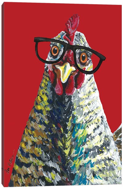 Chicken Willimina Glasses On Red Canvas Art Print - Chicken & Rooster Art