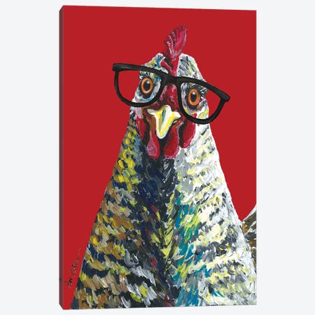 Chicken Willimina Glasses On Red Canvas Print #HHS369} by Hippie Hound Studios Art Print