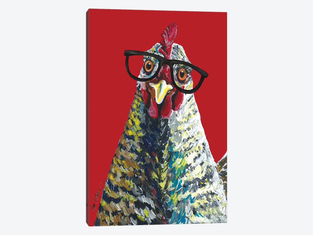 Chicken Willimina Glasses On Red by Hippie Hound Studios 1-piece Canvas Wall Art