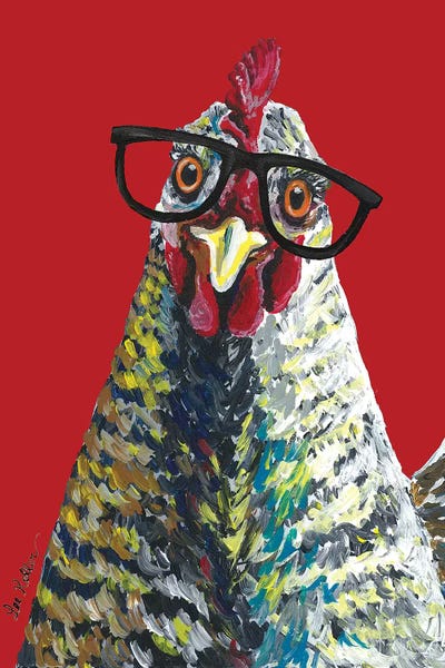 Kitchen: Chicken Willimina Glasses On Red by Hippie Hound Studios