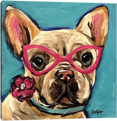 Frenchie With Glasses, Pearl Canvas Art Print - French Bulldog Art