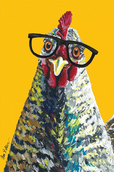 Hippie Hound Studios: Chicken Willimina Glasses On Yellow by Hippie Hound Studios