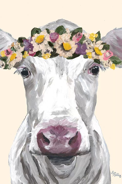 Cow Mabel Flowers On Cream by Hippie Hound Studios wall art