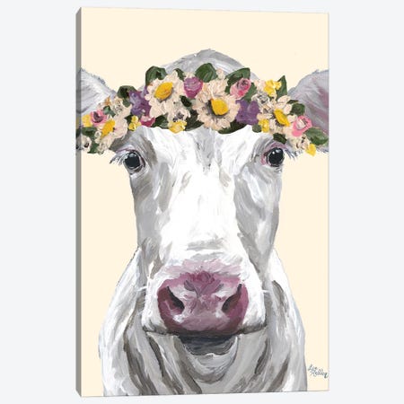 Cow Mabel Flowers On Cream Canvas Print #HHS388} by Hippie Hound Studios Art Print