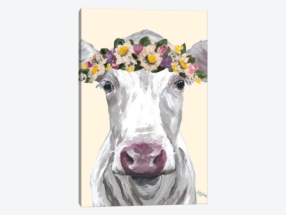 Cow Mabel Flowers On Cream by Hippie Hound Studios 1-piece Canvas Print