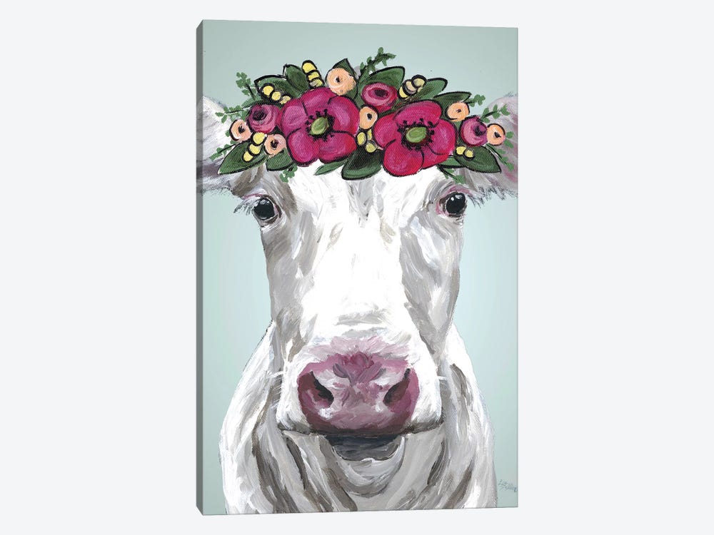 Cow Mabel Pink Flower Crown by Hippie Hound Studios 1-piece Canvas Wall Art