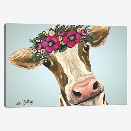 Cow Miss Moo Moo Pink Flowers Canvas Print #HHS390} by Hippie Hound Studios Canvas Artwork