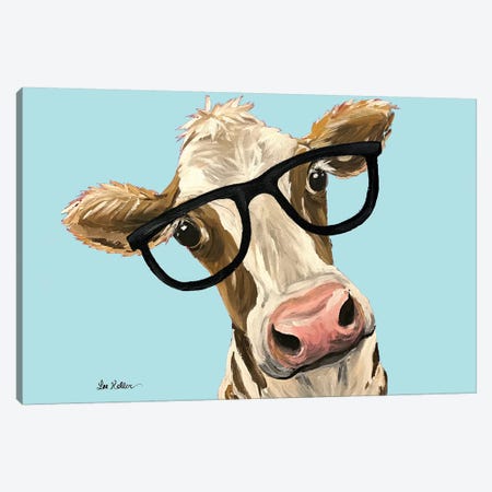 Cow Miss Moo Moo With Glasses On Turquoise Canvas Print #HHS392} by Hippie Hound Studios Canvas Wall Art